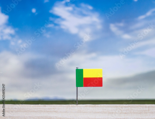 Flag of Benin with vast meadow and blue sky behind it.