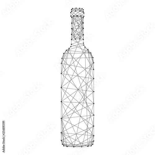 Bottle of wine from abstract futuristic polygonal black lines and dots. Vector illustration.