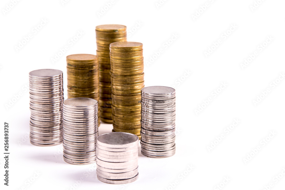 Piles of gold and silver coins isolated Piles of gold and silver coins isolated