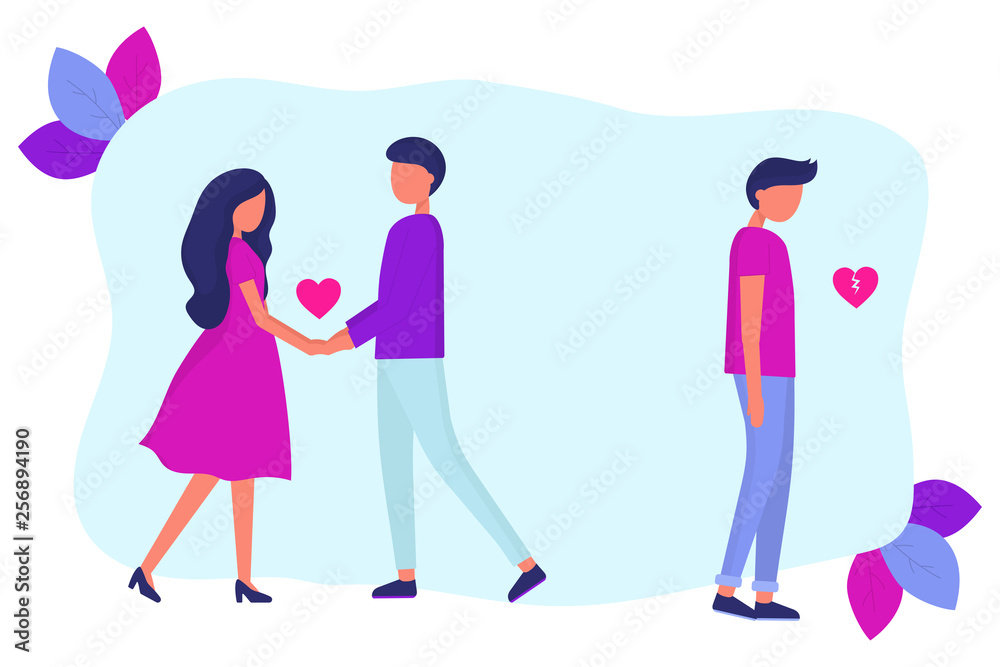 Love triangle. A woman is dating another man. Treason. A guy with a broken heart. Modern flat vector illustration. Love triangle. A woman is dating another man. Treason. A guy with a broken heart. Modern flat vector illustration.