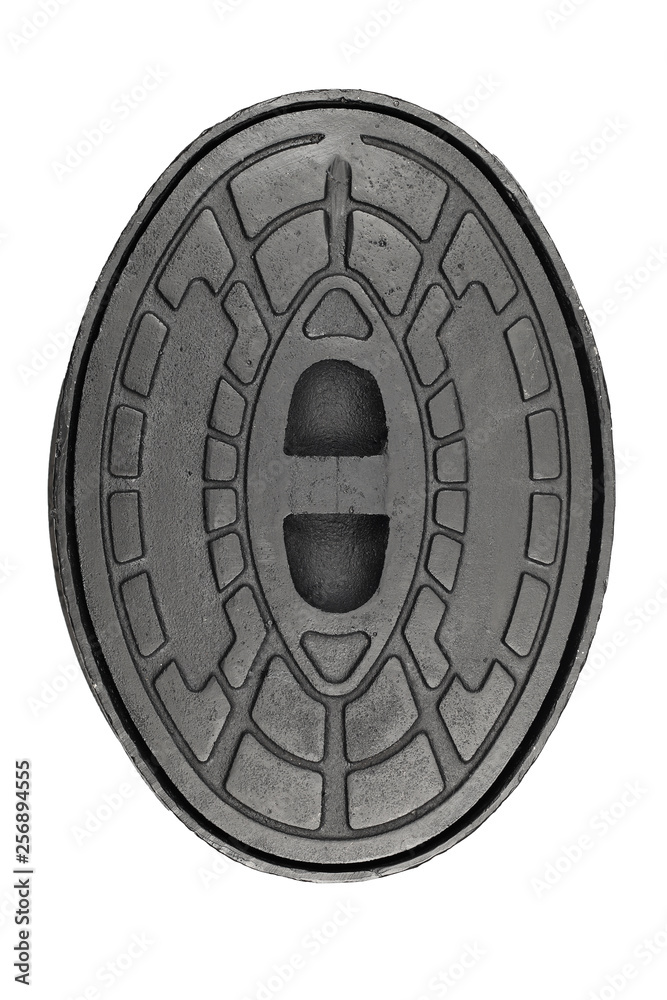 Top View Of Oval Iron Manhole Cover Isolated On White Background