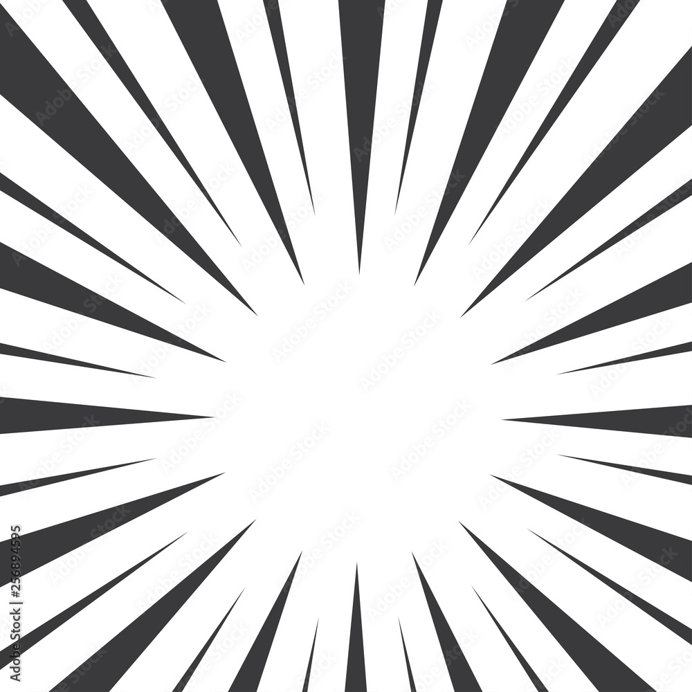 Obraz premium Black and white pop art background with sunbeams. Vector illustration
