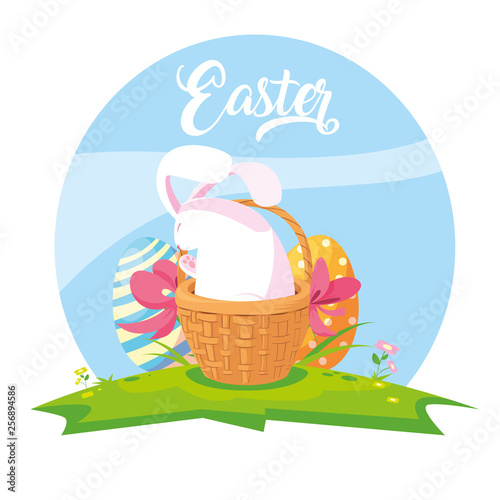cute rabbit of easter with basket wicker in grass