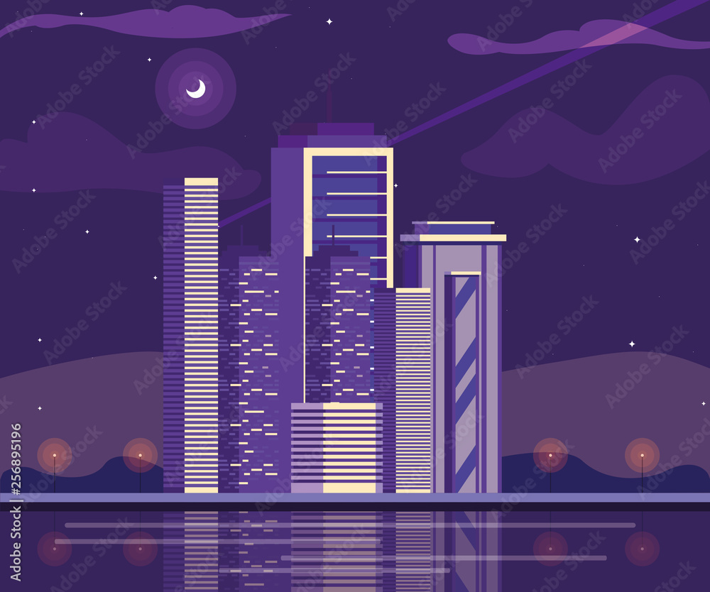cityscape buildings with purple sky