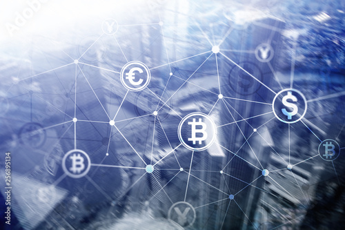 Double exposure Bitcoin and blockchain concept. Digital economy and currency trading.