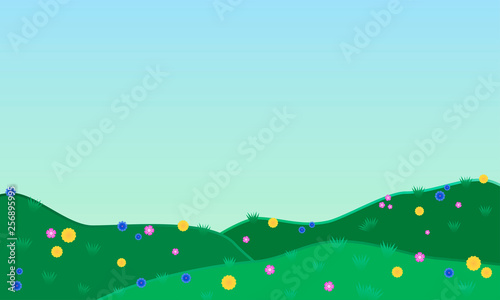 Fields and hills with cornflowers, dandelions and carnations. Vector.