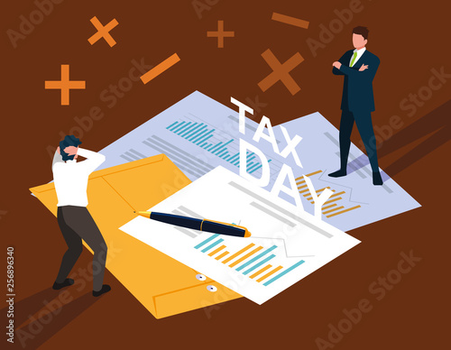 businessmen in tax day with statistic document and icons