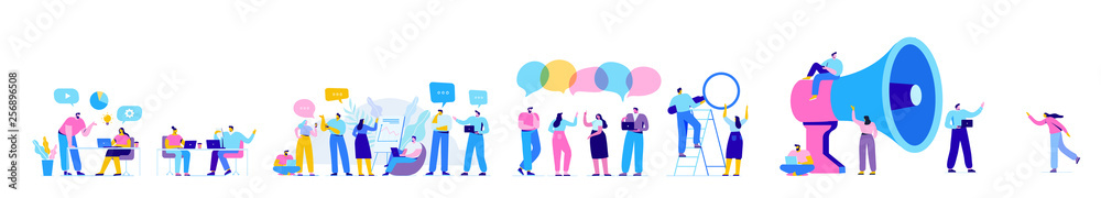 Creative team characters flat vector horizontal banner. Discussion people. Office workers life. Team thinking and brainstorming.  Flat vector illustration - obrazy, fototapety, plakaty 