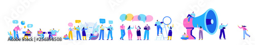 Creative team characters flat vector horizontal banner. Discussion people. Office workers life. Team thinking and brainstorming.  Flat vector illustration