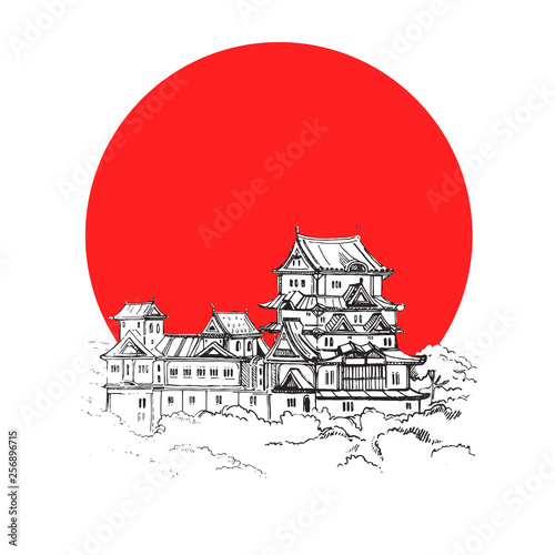 Illustration Himeji Castle.illustration vector doodle hand drawn sketch Himeji jo castle with red sun .Japanese historical showplace for print, souvenirs, postcards,decoration, picture.