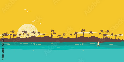 Tropical island paradise. Seascape background with palms silhouette and sky