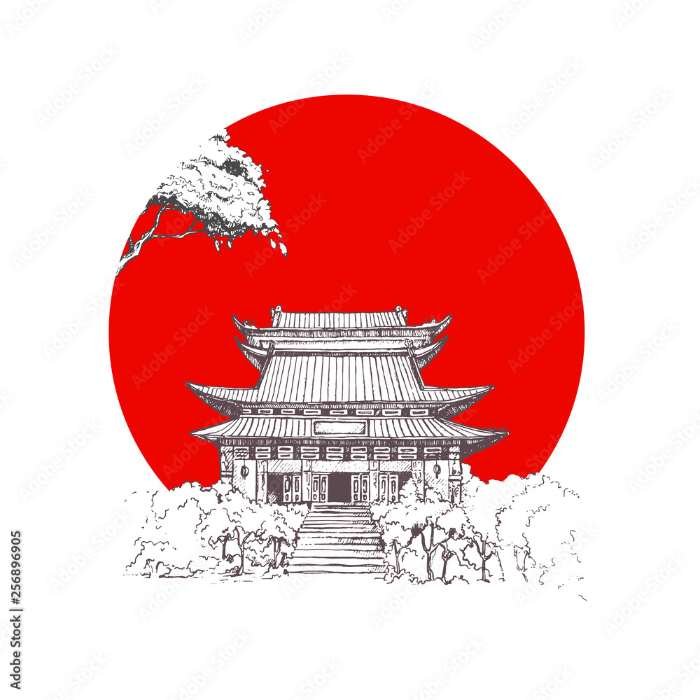 Traditional Japan wooden castle on the stone base. Black and white dashed  style sketch, line art, drawing with pen and ink. Red sun.Japan symbols.  Stock Vector | Adobe Stock