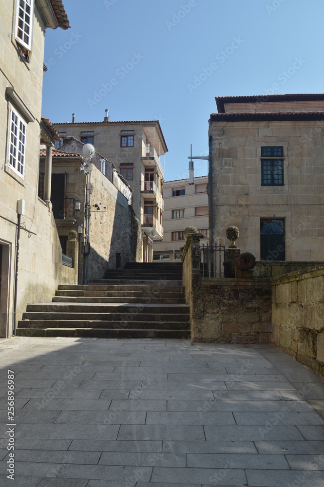 Beautiful Stairs Street Juan Novas Guillan Of Medieval Style In Pontevedra. Nature, Architecture, History, Street Photography. August 19, 2014. Galicia, Spain.