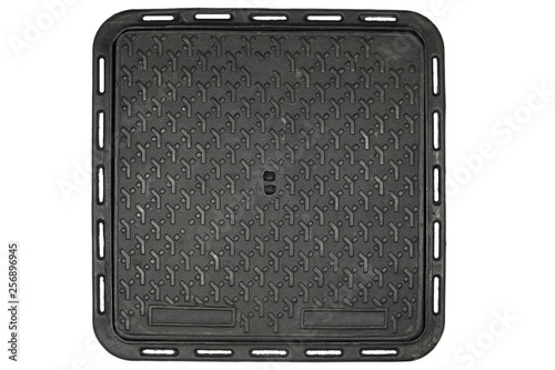 Top View Of Square Iron Manhole Cover Isolated On White Background