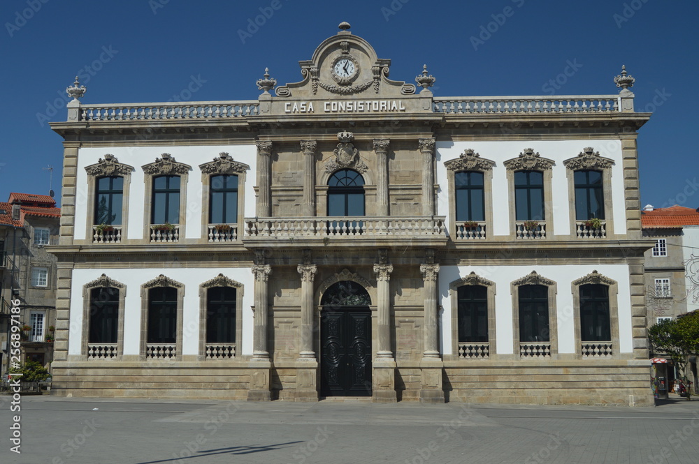 Main Facade Of The Town Hall In The Spain Square In Pontevedra. Nature, Architecture, History, Street Photography. August 19, 2014. Galicia, Spain.