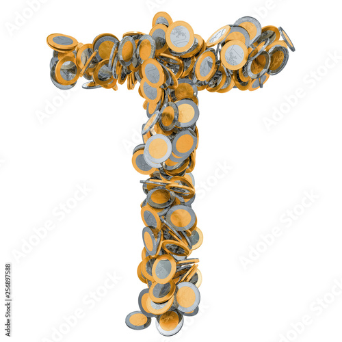Alphabet letter T from euro coins. 3D rendering