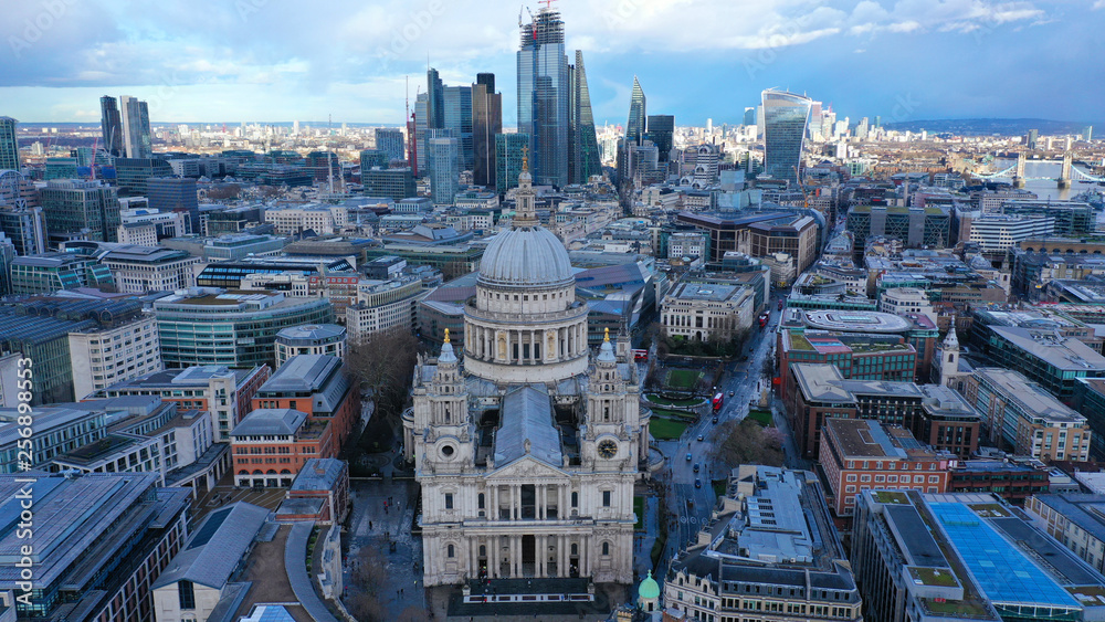 Aerial drone photo of iconic Saint Paul landmark Cathedral in the heart of City financial district of London, United Kingdom