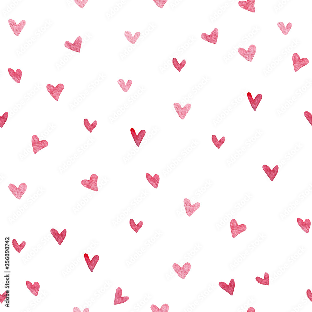 Watercolor painting background with little pink hearts, seamless pattern on white