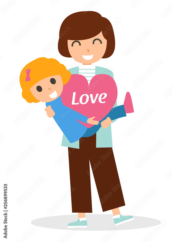 Mother hugging her lovely daughter, Vector character illustration