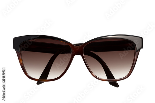 Stylish women's brown sunglasses on a white background. Front view.	