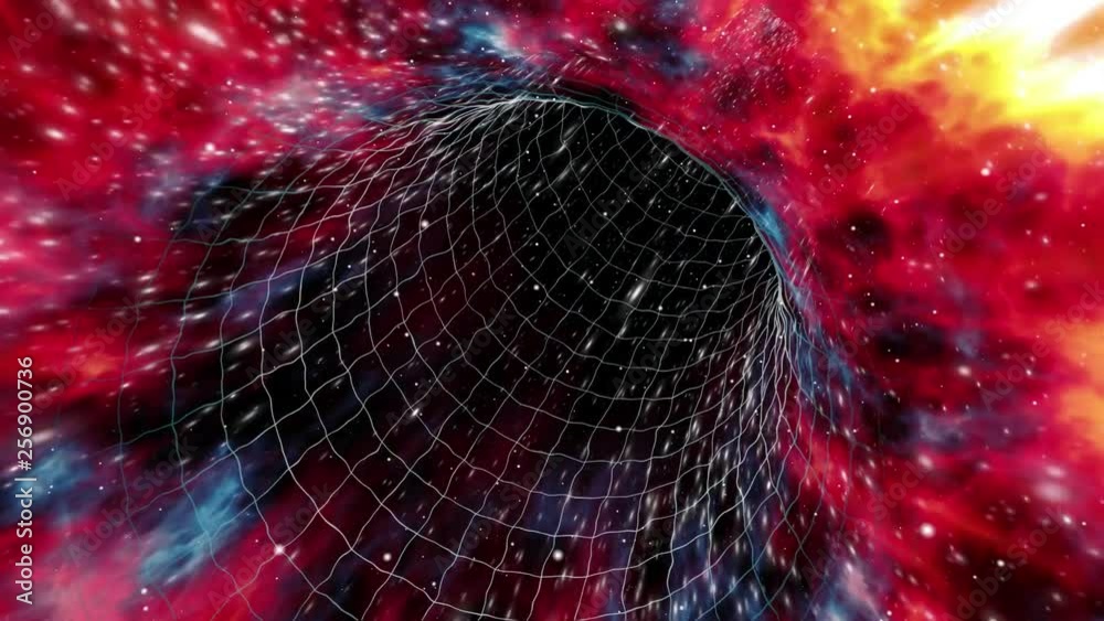 Looped wormhole flight to another dimension through a red-shifted force field grid of stars and interstellar gases