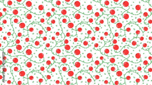 Abstract background with red berry on the green curly stem on white background