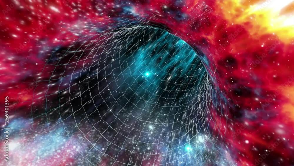 Looped wormhole flight to another dimension through a red-shifted force field grid of stars and interstellar gases