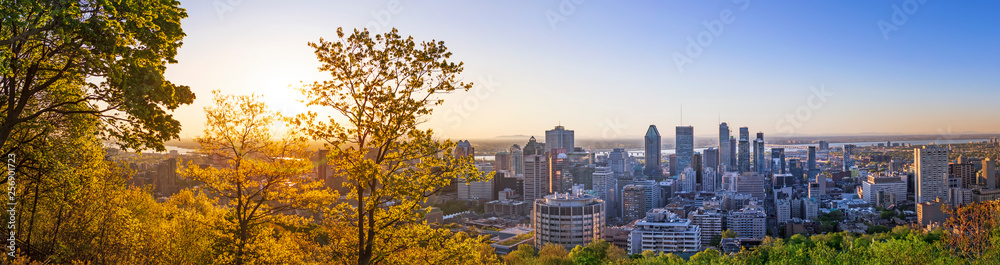 Amazing view of Montreal city at sunrise with colorful blue architecture, green and yellow landscape. Beautiful sky and sun light over Montreal downtown skyline in morning time. Magic Canadian city.