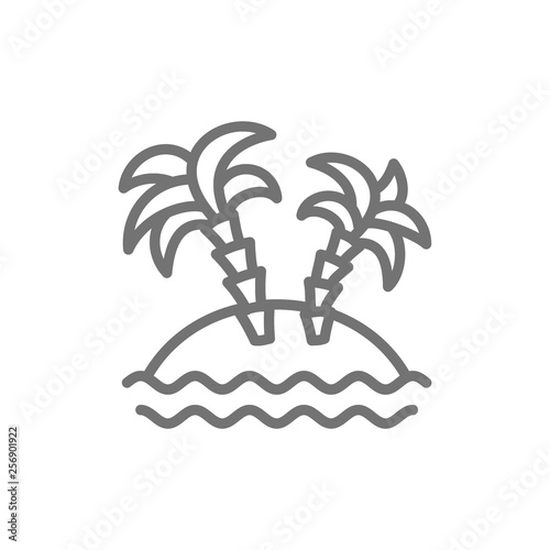 Desert island with palm trees line icon.