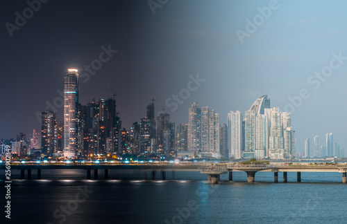 Wallpaper Mural modern skyscraper city skyline at night and day photomerge, Panama City - Torontodigital.ca