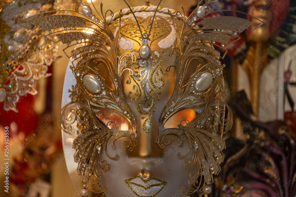 Italy, Venice, carnival 2019, typical Venetian masks in the shop windows.