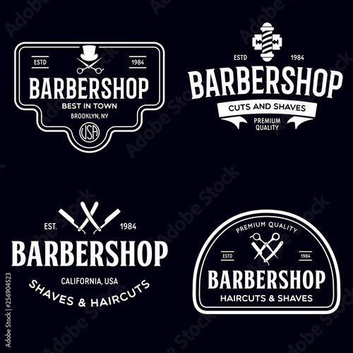Set of vintage barbershop labels. Templates for the design of logos and emblems. Collection of barbershop - symbols razor  pole  scissors.