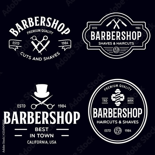 Set of vintage barbershop labels. Templates for the design of logos and emblems. Collection of barbershop - symbols razor, pole, scissors.