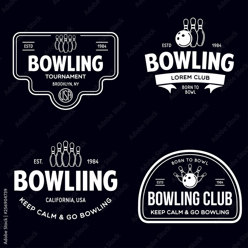 Obraz premium Set of vector vintage monochrome style bowling logo, icons and symbol. Bowling ball and bowling pins silhouettes. Trendy design elements.