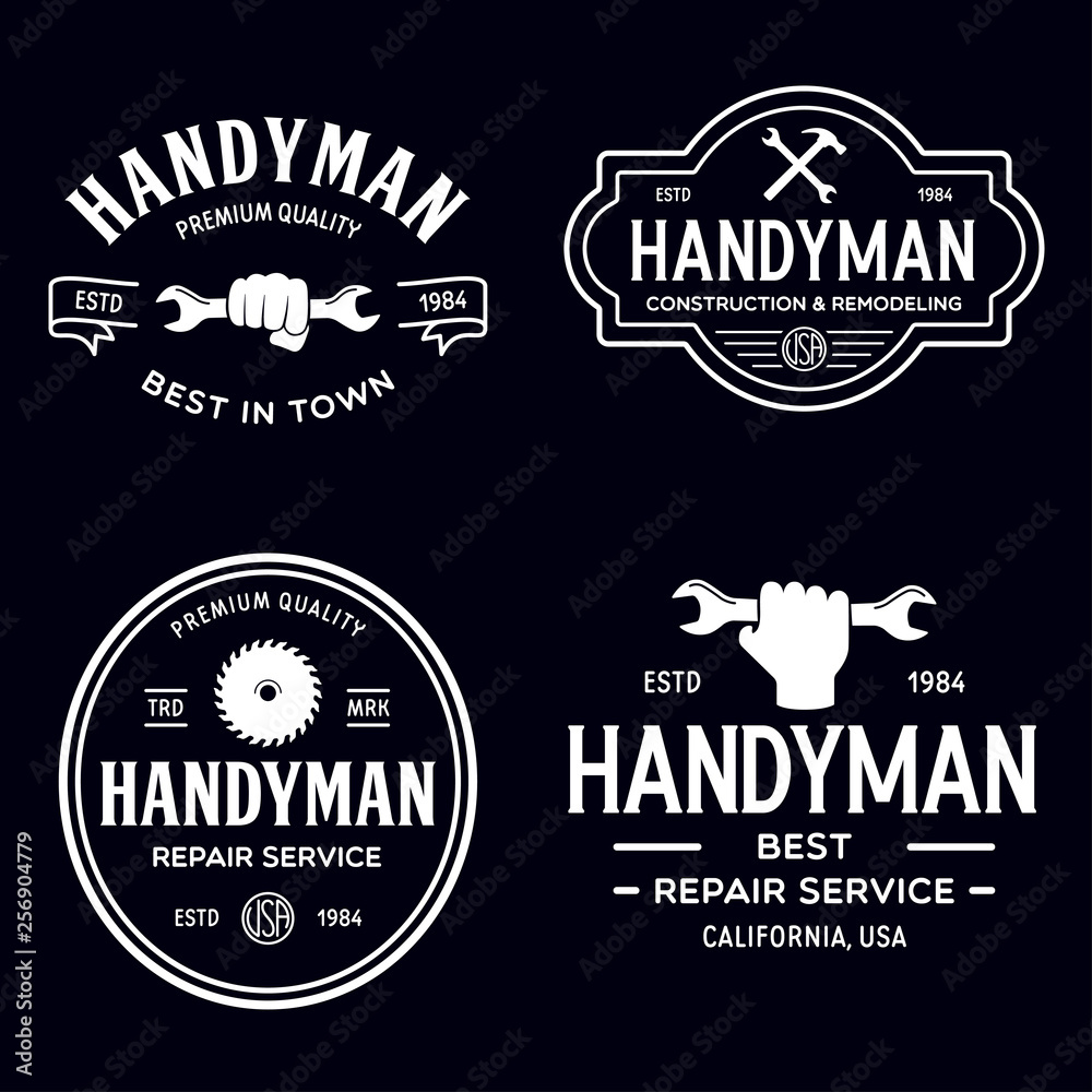 Fototapeta premium Handyman labels badges emblems and design elements. Tools silhouettes. Carpentry related vector vintage illustration.