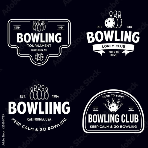 Set of vector vintage monochrome style bowling logo, icons and symbol. Bowling ball and bowling pins silhouettes. Trendy design elements.