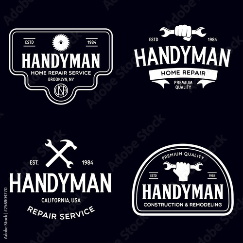 Handyman labels badges emblems and design elements. Tools silhouettes. Carpentry related vector vintage illustration.