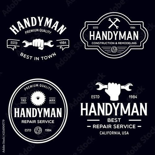 Handyman labels badges emblems and design elements. Tools silhouettes. Carpentry related vector vintage illustration.
