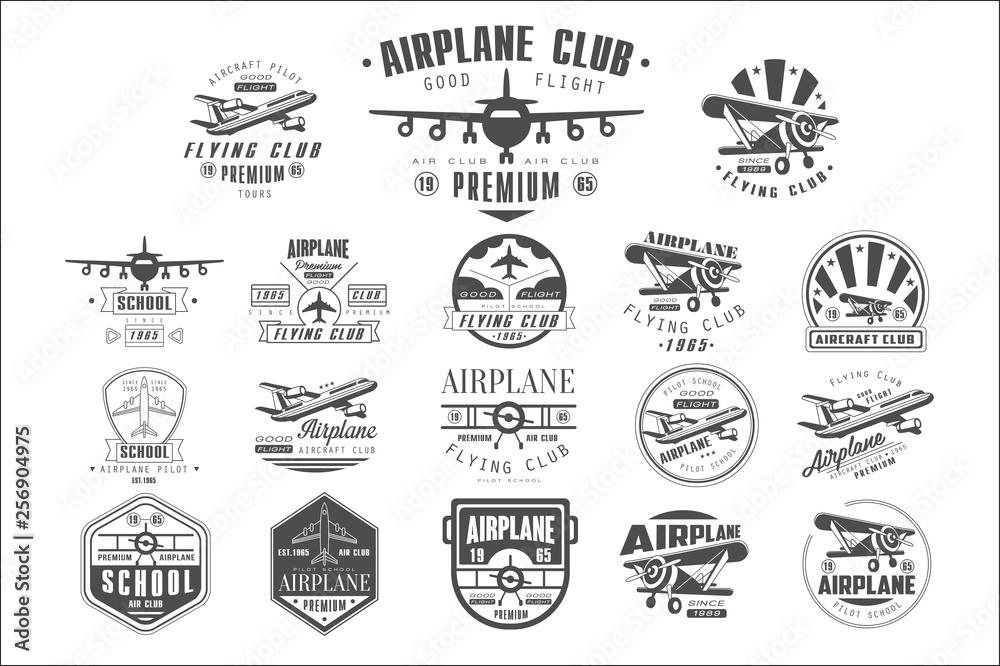 Set of vintage airplane logos. Original monochrome emblems with silhouettes of aircrafts. Typography vector design for flying club, pilot school or poster