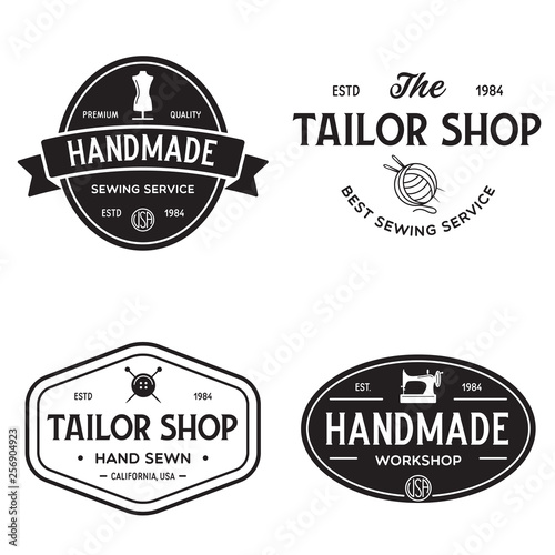 Set of vintage sewing and tailor labels, badges, design elements and emblems. Tailor shop old-style logo.