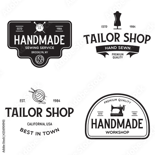 Set of vintage sewing and tailor labels, badges, design elements and emblems. Tailor shop old-style logo.