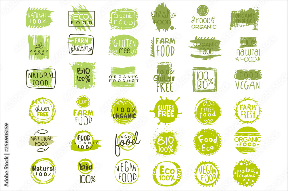 Vector set of bright green stickers with text for packing natural products. Vegan eating. Organic and healthy food signs. Typography design elements - obrazy, fototapety, plakaty 