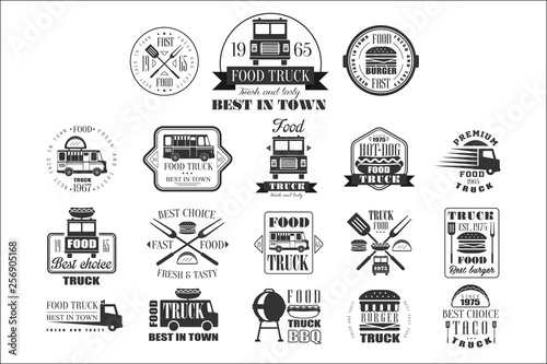 Set of vintage logos for street food. Monochrome vector emblems with trucks, tacos, hamburgers, hot-dogs, kitchen utensils, grill, lettering. Fresh and tasty eating