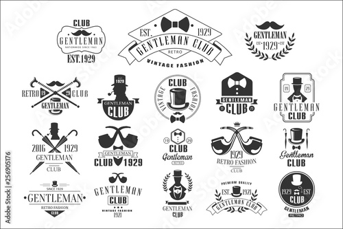 Monochrome vector set of stylish emblems for gentleman club. Vintage labels with silhouettes of men, smoking pipes, mustaches, bow ties and umbrellas photo