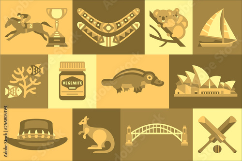Flat vector set of Australian travel icons. Boomerang, koalas, vegemite, bridge, kangaroo, fishes, opera house, hat, platypus, sail boat, horse race