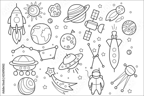 Vector set of hand drawn space objects. Flying saucers of aliens, spaceship, rocket, astronaut, cosmic satellite, stars and different planets. Sketch style icons