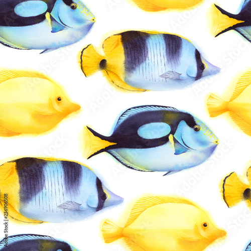 Seamless pattern with yellow and blue tang and butterfly fish. Watercolor background. Tropical sea wildlife.
