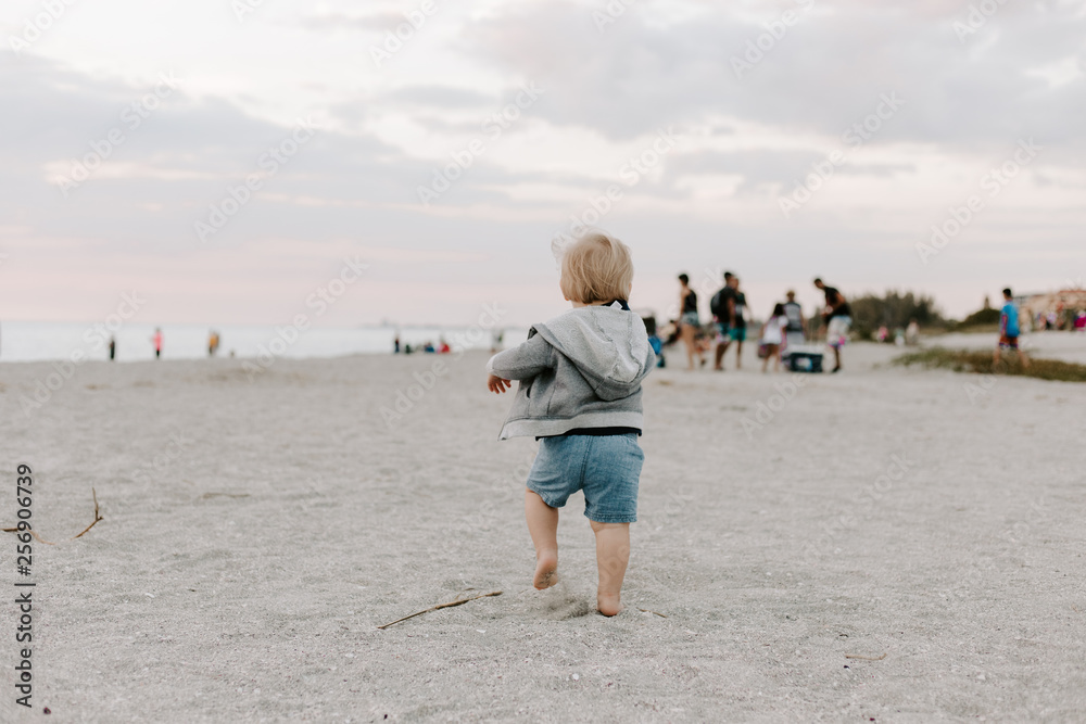 Portrait of Cute Little Baby Boy Child Playing and Exploring in the Sand at the Beach During Sunset Outside on Vacation in Hoodie Zip-Up Sweat Shirt Portrait of Cute Little Baby Boy Child Playing and Exploring in the Sand at the Beach During Sunset Outside on Vacation in Hoodie Zip-Up Sweat Shirt