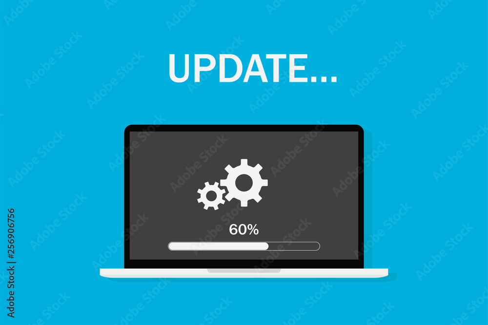 Laptop updateing blue processing screen upgrade application Flat design. EPS 10