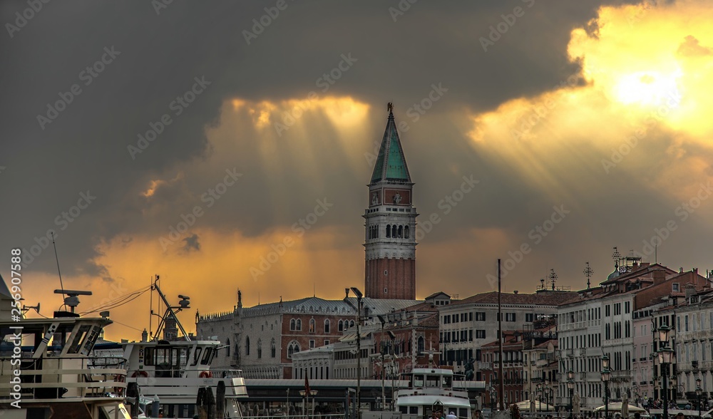 Italy beauty, clouds with bell tower of San Marco square, Venice, Venezia